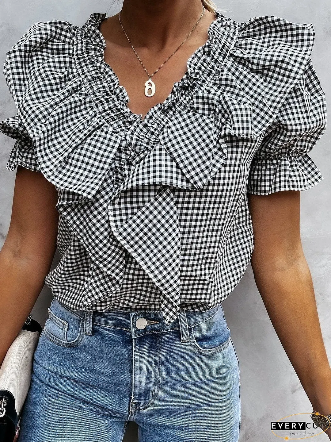 Layered Plaid Short Sleeve V-Neck Lotus Leaf Blouses