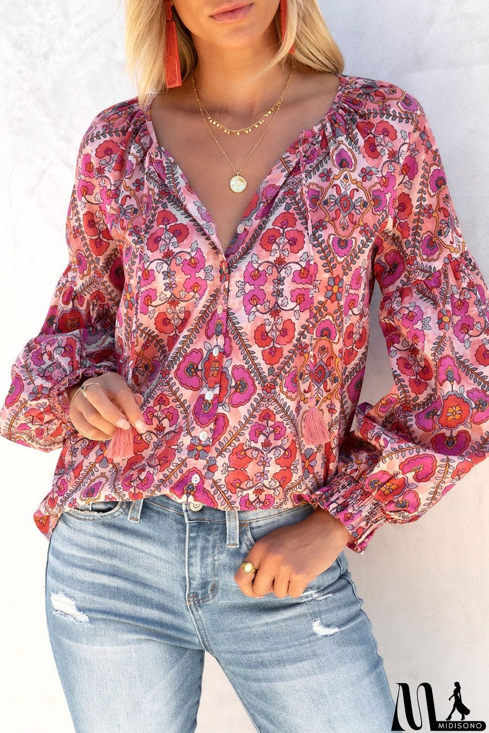 MidiSono - Rose Split Neckline Front Buttons Floral Print Blouse