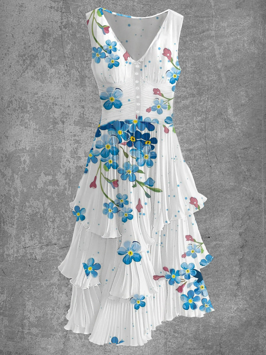 Floral Art Print Sleeveless V-Neck Button Up Retro Midi Dress