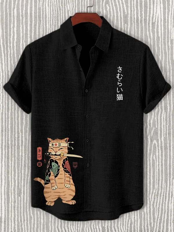 Men's Japanese Sushi Samurai Cat Print Shirt