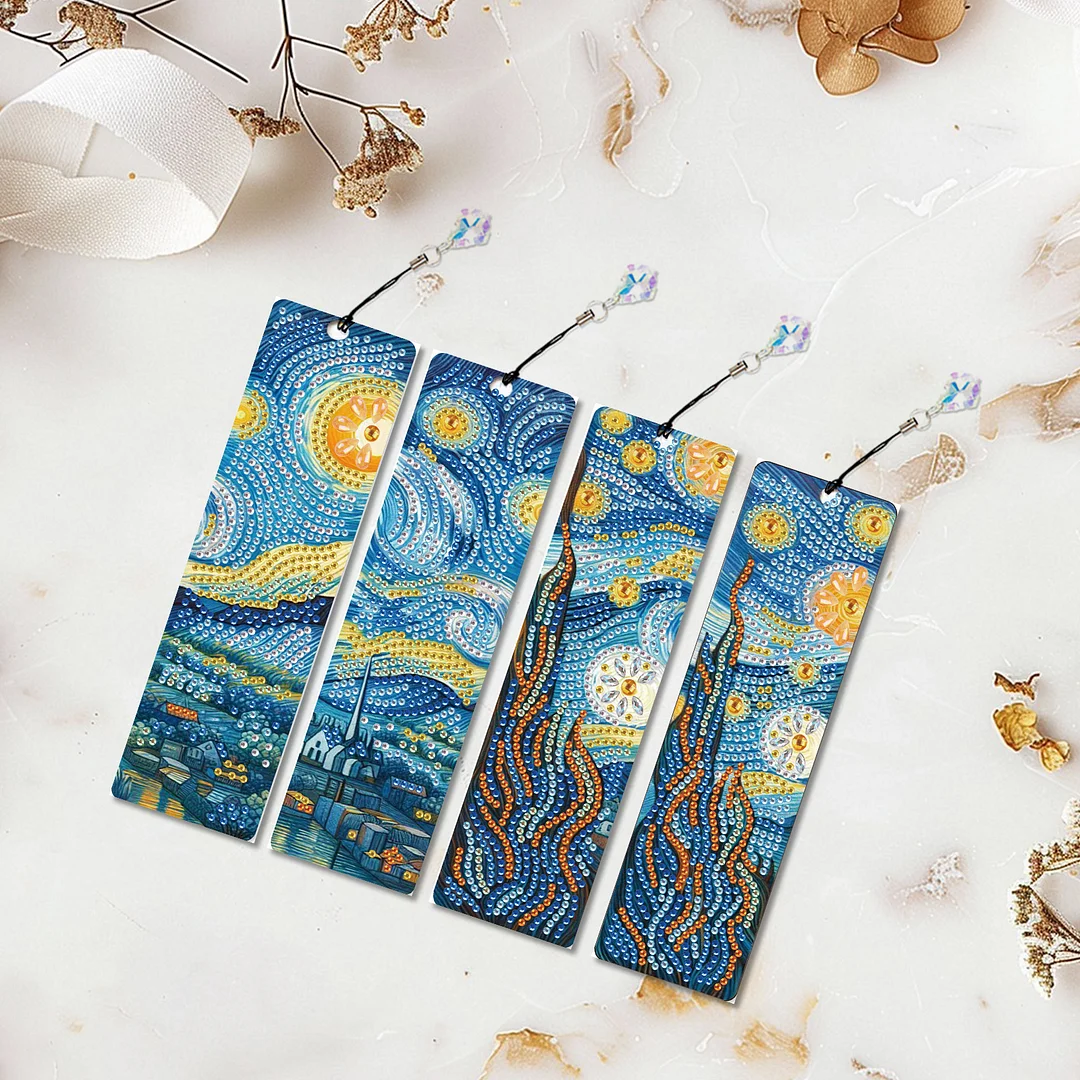 4Pcs Starry Night View DIY Diamond Bookmark Art Projects Irregular Shaped Diamonds Diamond Painting Art Bookmarks with Crystal Pendants for DIY Making Beginners Adult Art Craft Supplies