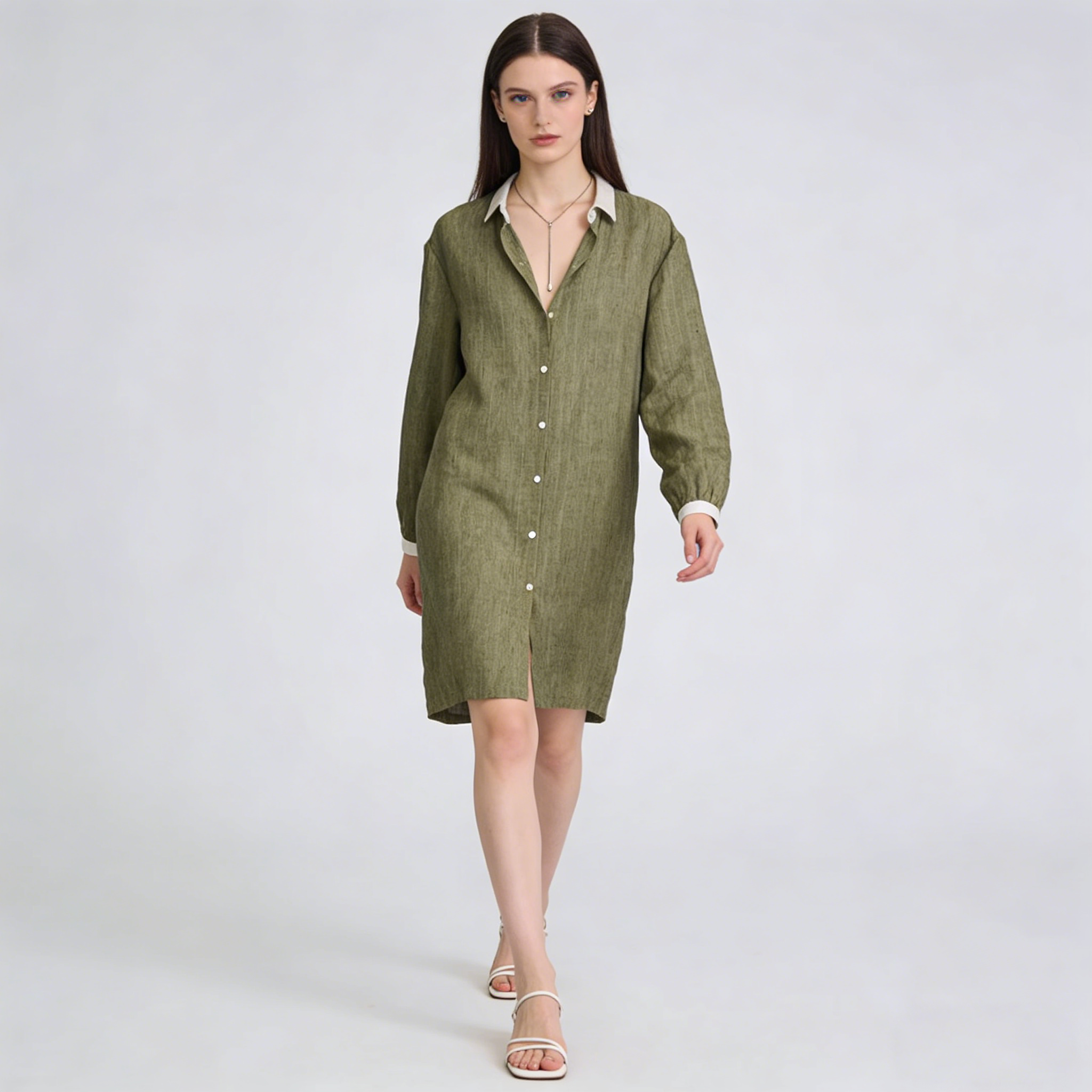 Linen Shirt Dress Women 100% Linen Contrast Collar Long Sleeve Mini Dress REAL SILK LIFE
