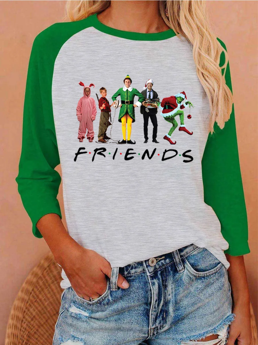 Christmas Friends 3/4 Sleeve Color Block T-Shirt