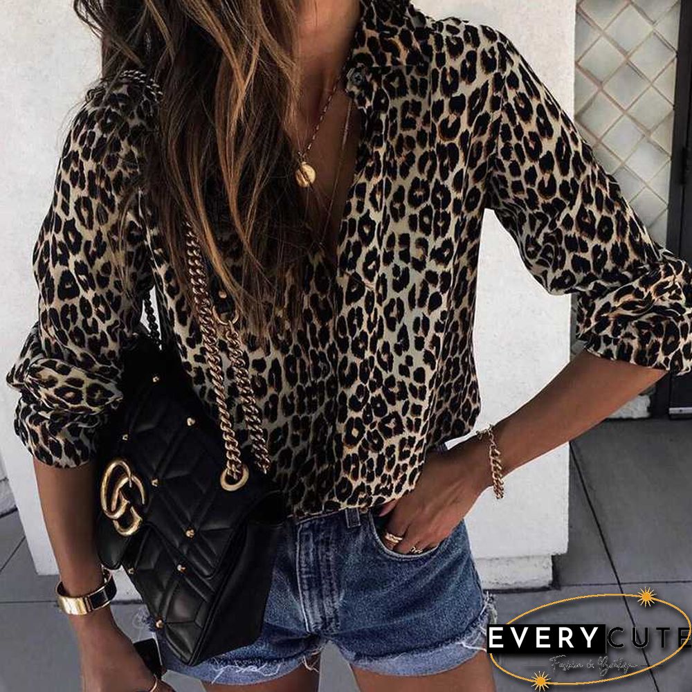 Oversized Retro Long Sleeve Leopard Print Button Up Shirt Womens