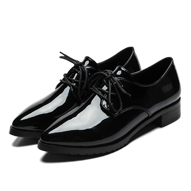 Black Patent Leather Oxford Lace-Up Heels - Vintage Shoes Vdcoo