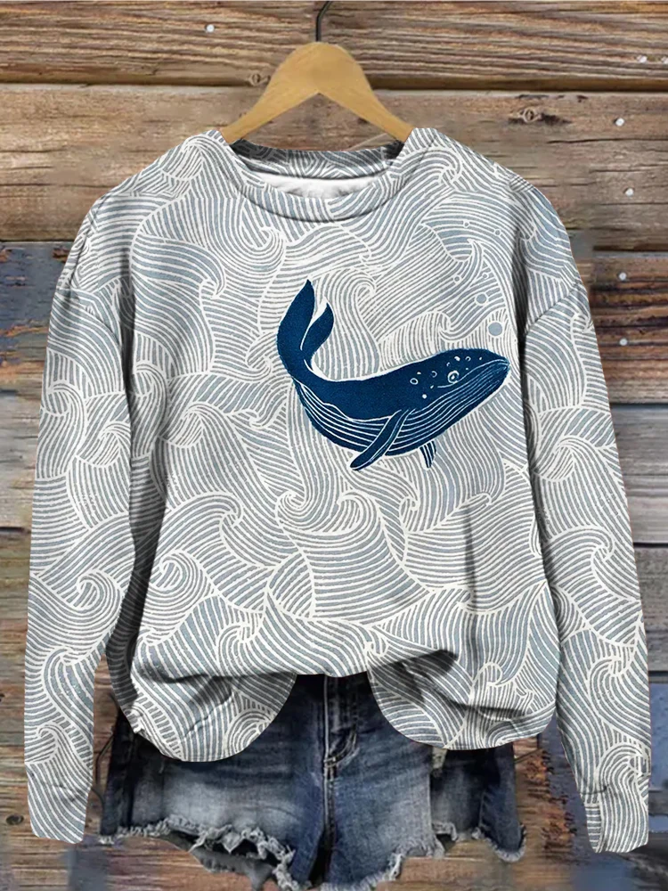 Whale & Waves Lino Art Crew Neck Vintage Sweatshirt