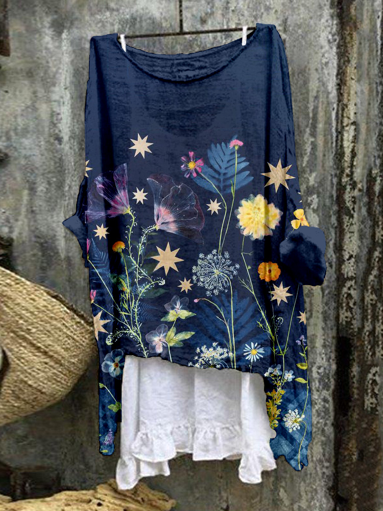 Comstylish Cyanotype Floral Painting Art Linen Blend Flowy Tunic