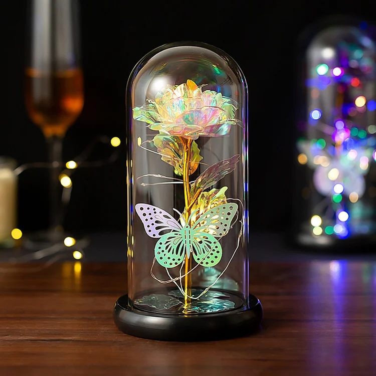 Colorful Foil Everlasting Rose Butterfly With LED Lamp in Glass Dome