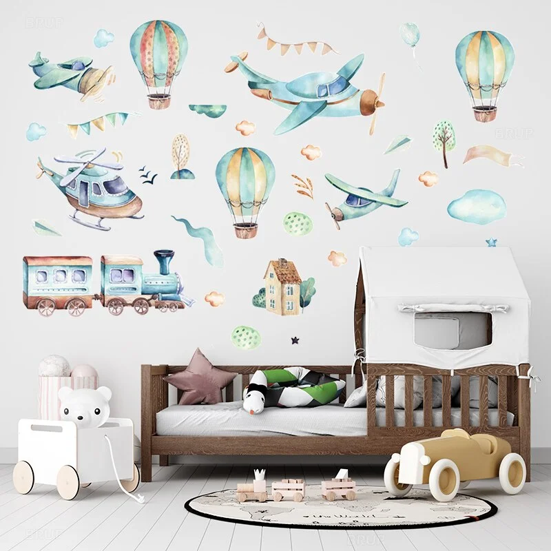 Sdrawing Paint Watercolor Cartoon Airplane Train Wall Stickers Hot Air Balloon Stickers for Kids Room Nursery Decoration Wall Decals