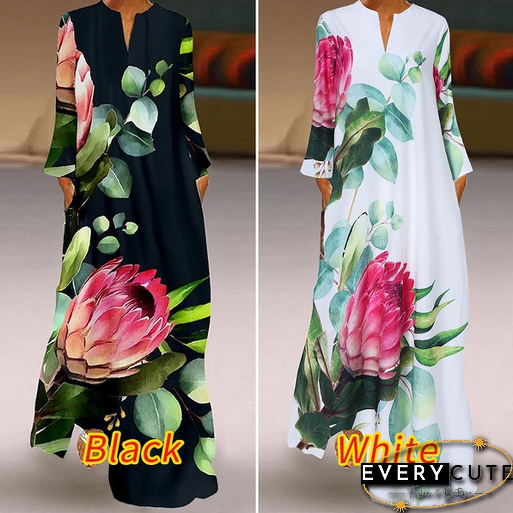 Women Spring Long Sleeved Floral Printed Plus Size Kaftan Dress Vintage Maxi Dresses