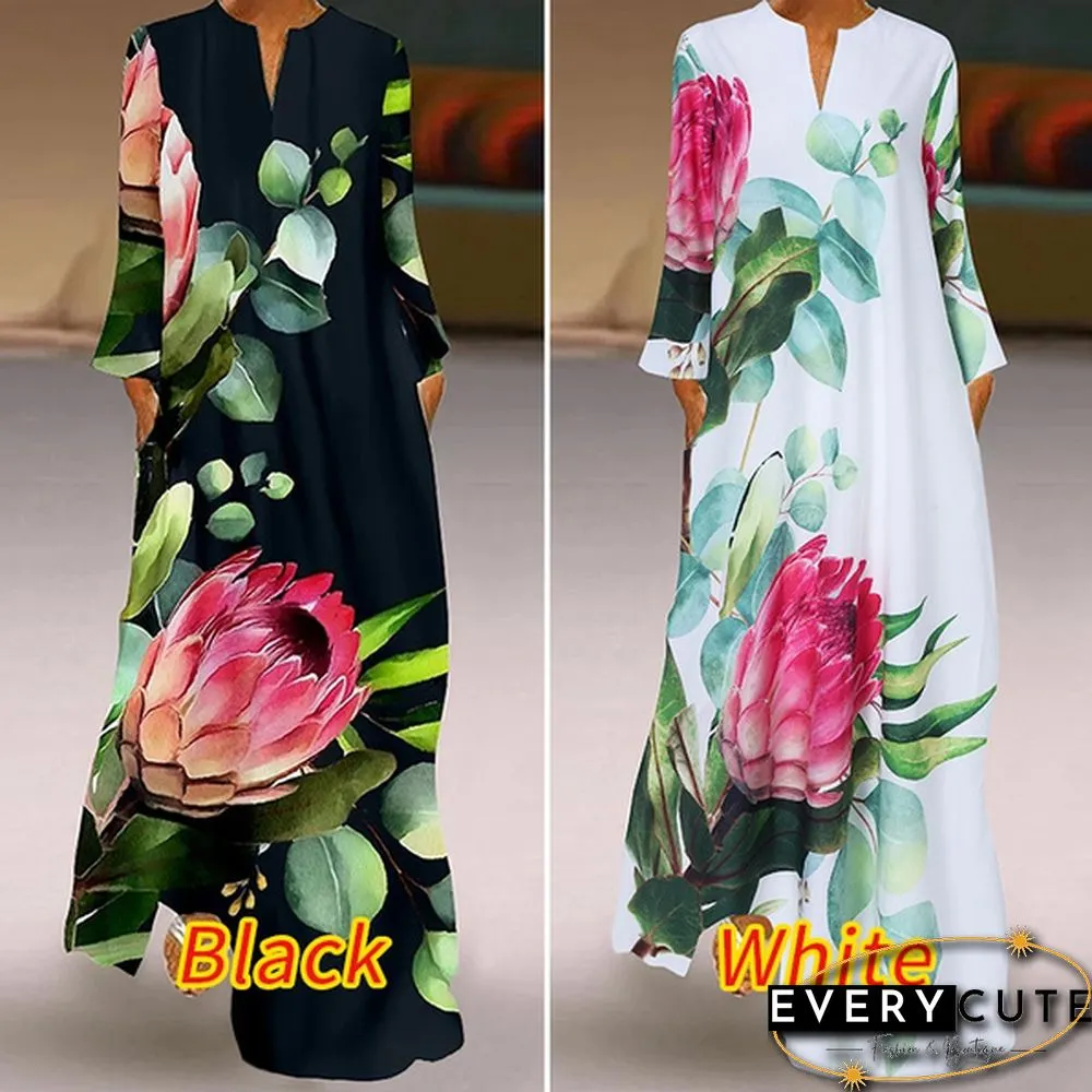 Women Spring Long Sleeved Floral Printed Plus Size Kaftan Dress Vintage Maxi Dresses