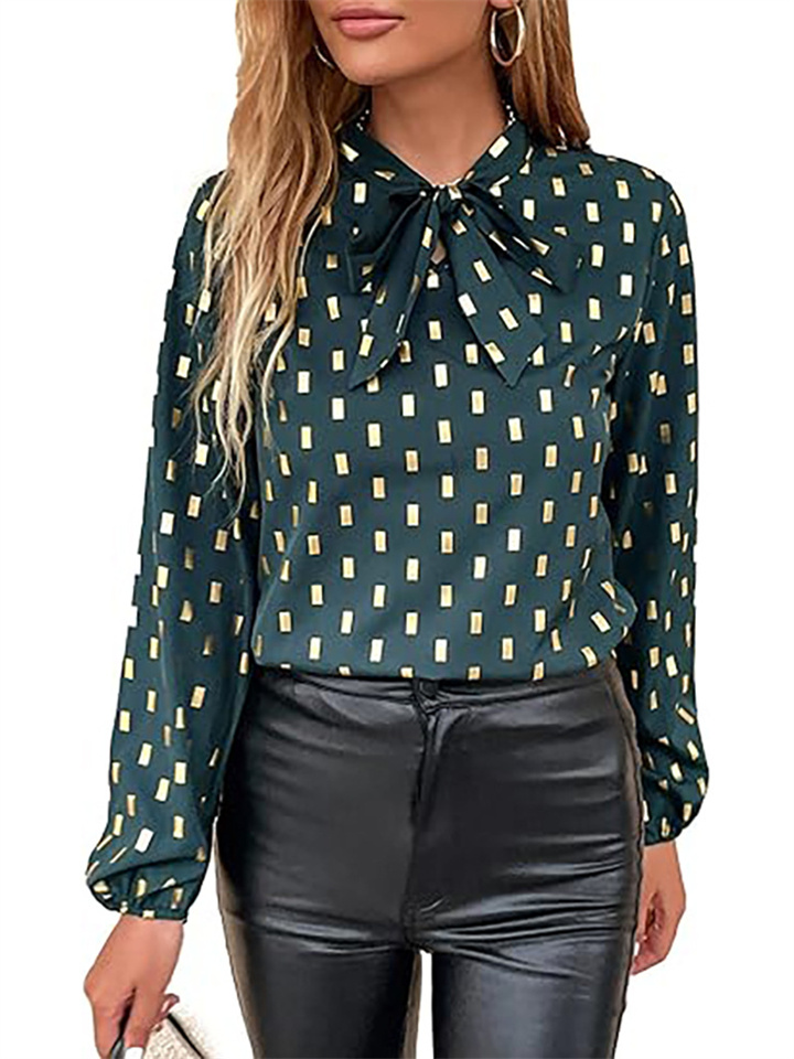 Spring and Autumn Women's Hot Gold Bow Collar Long Sleeve Geometric Pattern Lapel Shirt Top