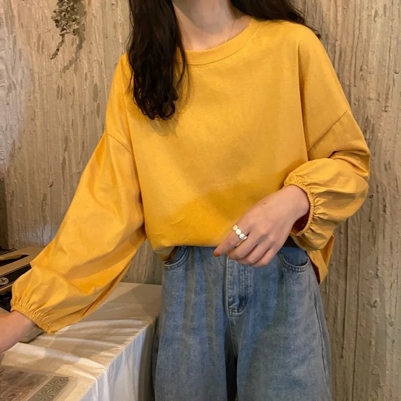Brownm Brownm Women's Fall 2024 New Korean Version Loose Sleeve Student Lantern Sleeve Long-Sleeve T-Shirt Women's Solid Color Bottom Shirt Tide