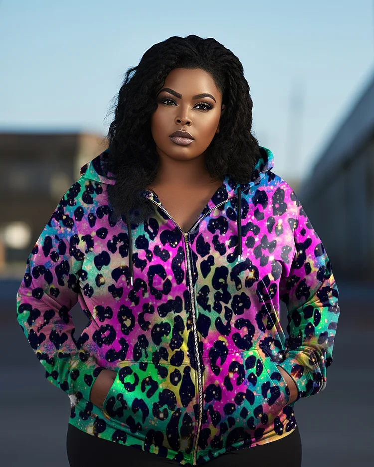 Women's Plus Size Graffiti Colorful Leopard Print Long Sleeve Zip Hoodie