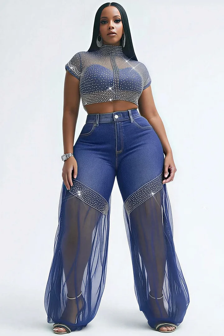 Xpluswear Design Plus Size Party Tulle Blue Drilling See Through Denim Jeans 2024 - Xpluswear