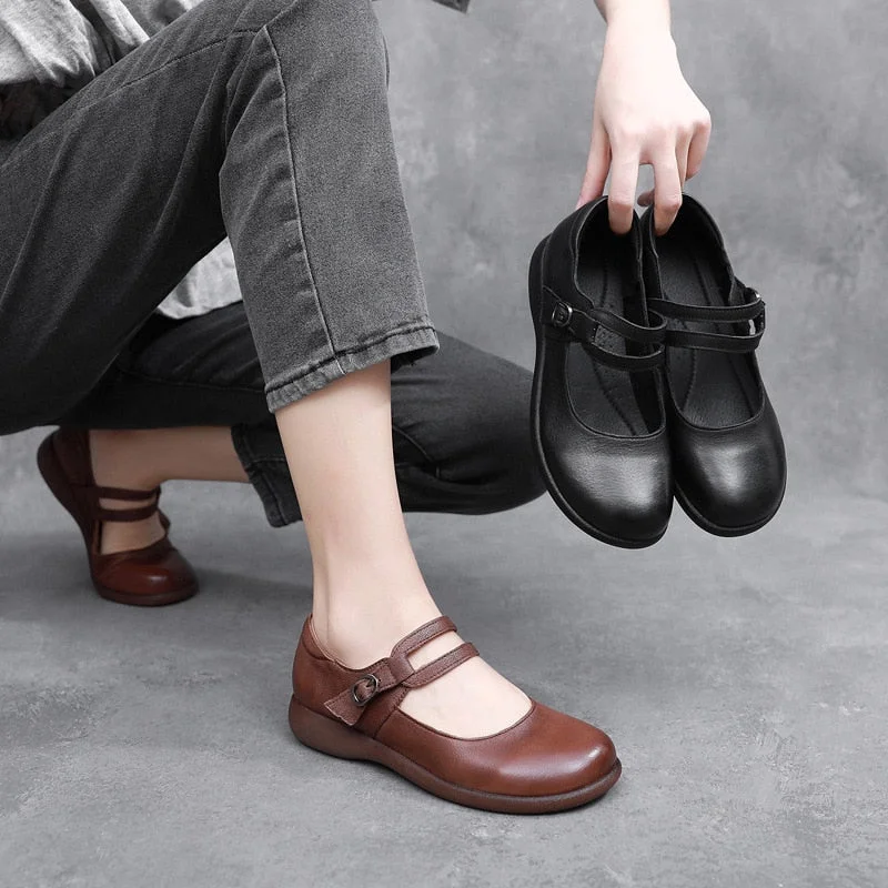 GKTINOO Leather Shoes Women Mary Janes Genuine Leather Women's Shoes Round Toe Belt Buckle Ladies Casual Flats Large Size