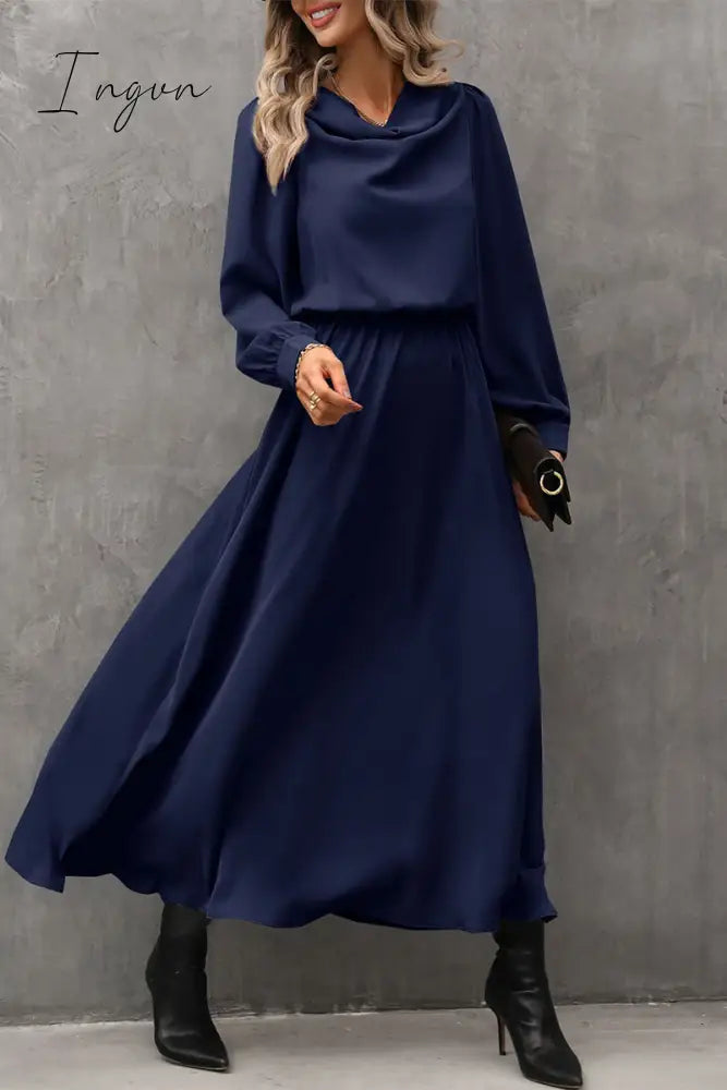 Ingvn - Elegant Solid Asymmetrical Scarf Collar A Line Dresses Deep Blue / S Dresses/Long Sleeve