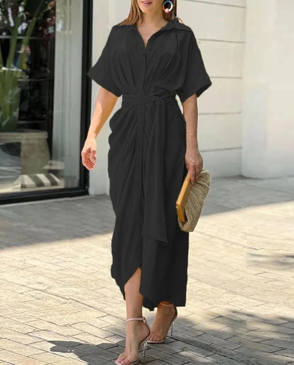 Nigikala Nigikala Summer Single Buckle Long Shirt Women's Printed Short-Sleeved Dress