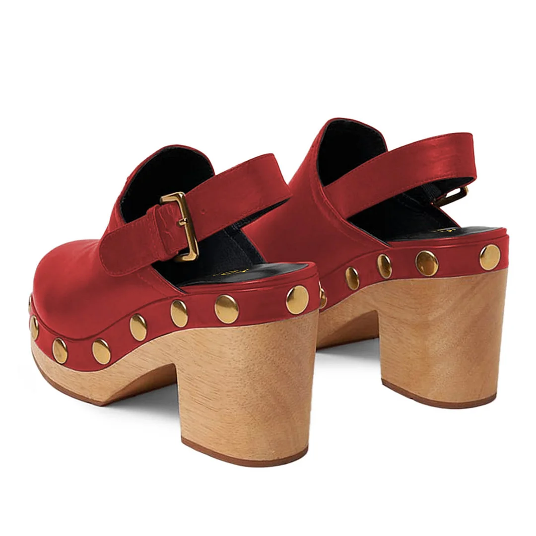 Vegan Leather Round Toe Slingback Red Platform Heels with Studs