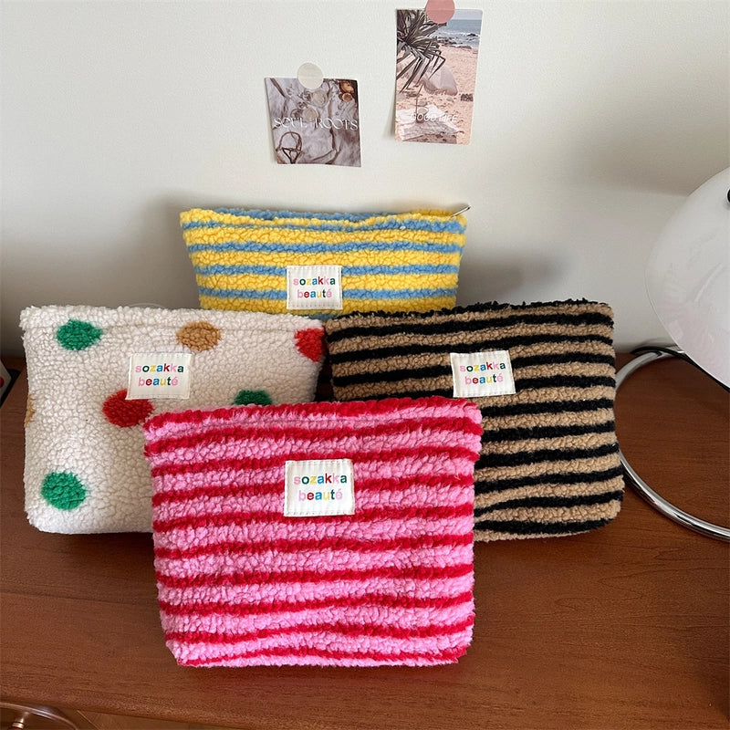 4123 Style Winter Plush Cosmetic Bag Color Polka Dot Large Capacity Travel Skin Care Cosmetics Storage Bag For Women