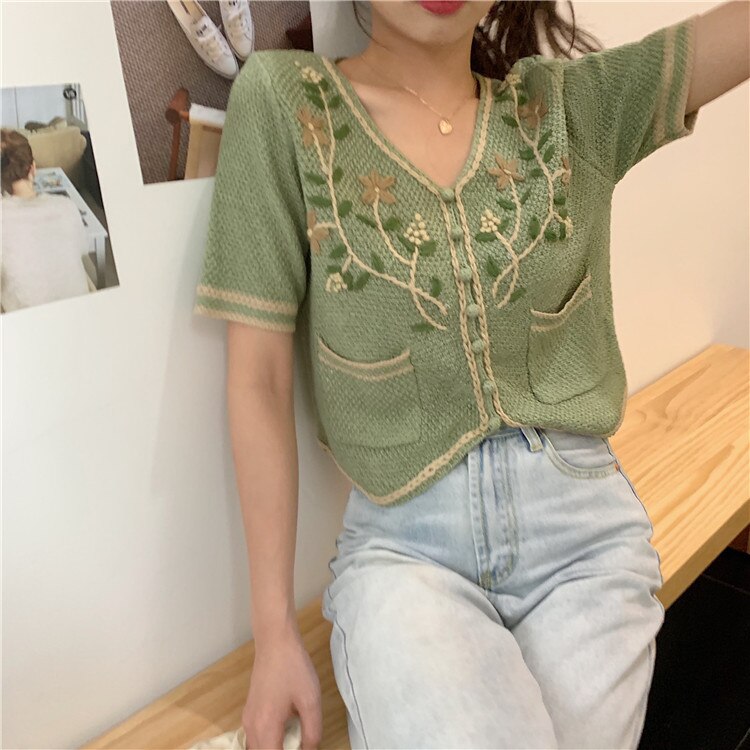 Leisure Embroidery Flowers Tops Retro Chic Knitted Casual Sweater