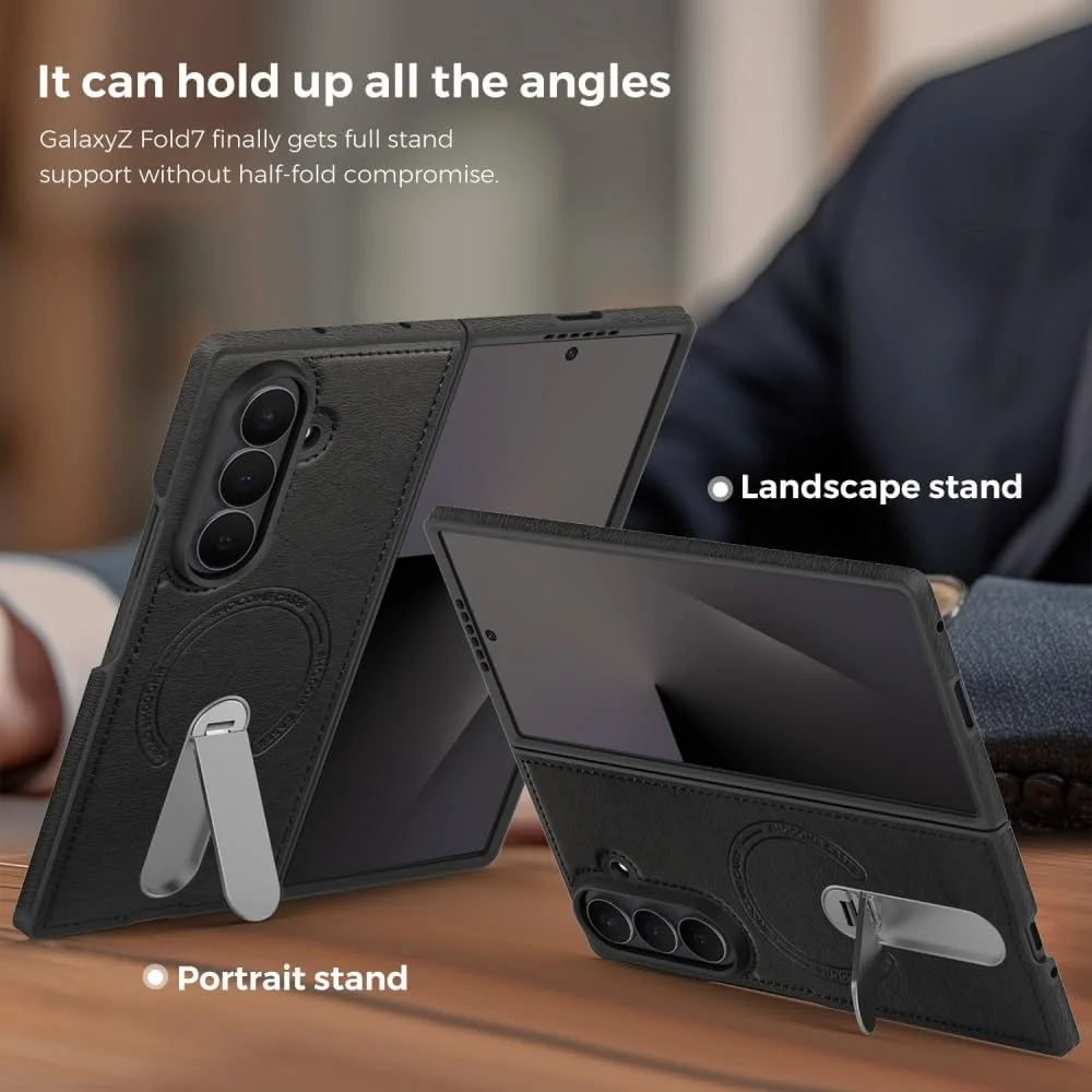 360 Rotae Kickstand Leather Case for Samsung Galaxy Z Fold 7 6 5 4 3 5G Magnetic Heavy Duty Cover, Military Shockproof Cases 