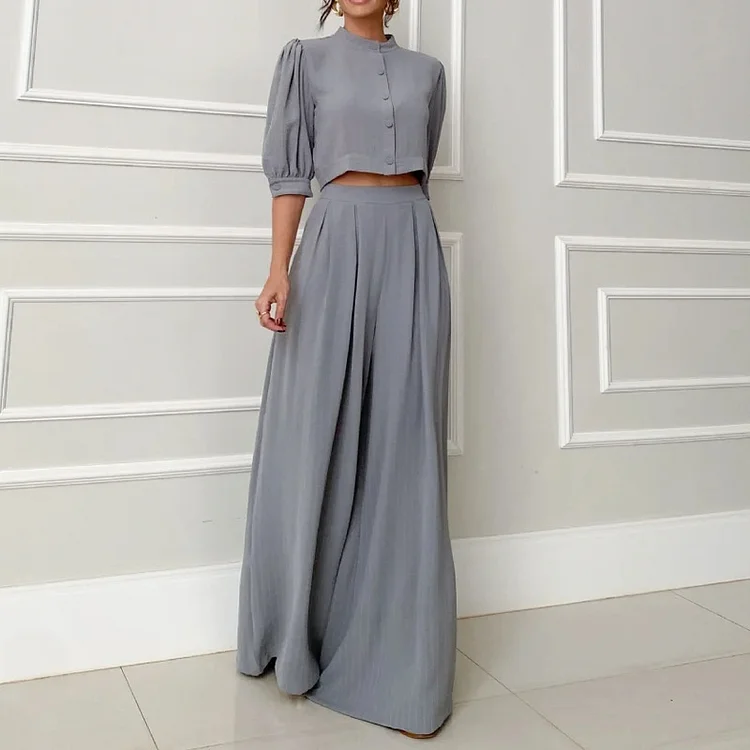 Round Neck Half Sleeve Short Vest High Waist Straight Pants Suit