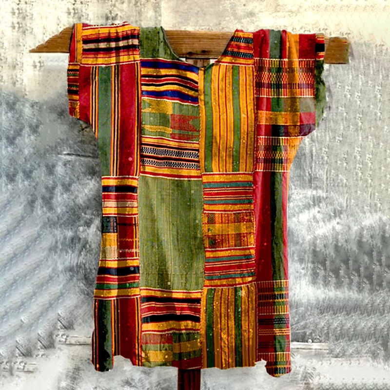 African Geometric Art Print Crew Neck Linen Blend T-shirt