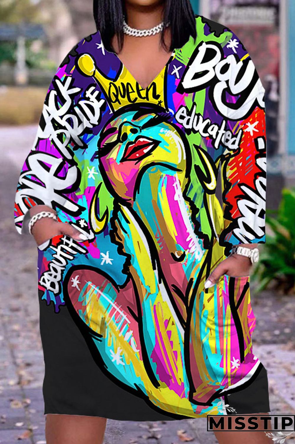 Gray Cyan Casual Print Patchwork V Neck Straight Dresses