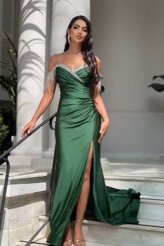 Daisda Charming Dark Dreen Strapless Sleeveless Prom Dress with Split