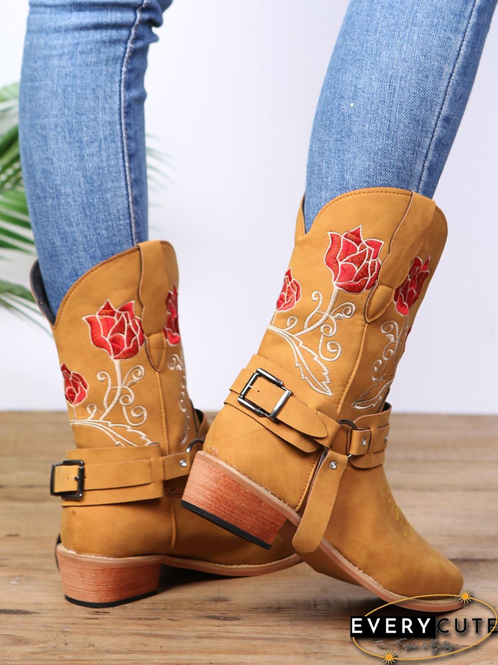 Vintage Floral Embroidered Sleeve Pointed Toe Chunky Heel Cowboy Boots