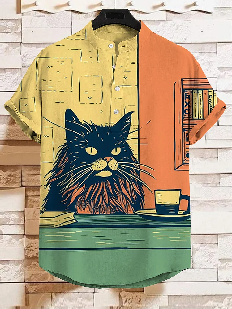 Men's Cat and Coffee Print Linen Blend Shirt