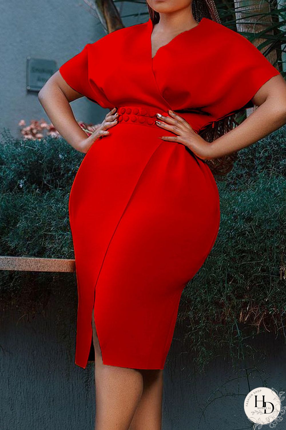 Red Elegant Solid Patchwork Slit V Neck One Step Skirt Dresses