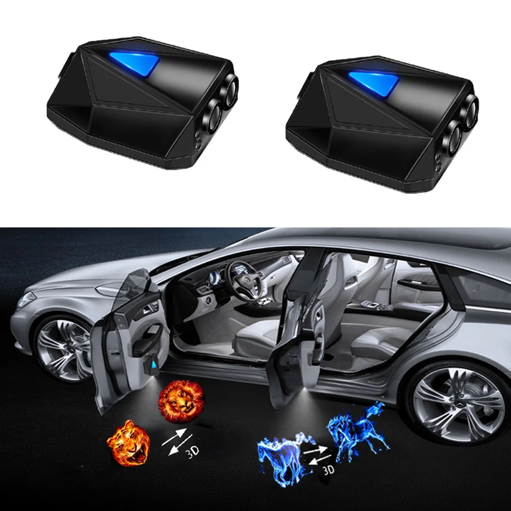 LED Car Door Laser Projection Lights Cartoon Dynamic Animation 3D Night Projector Wireless Welcome Warning Auto Decorative Lamp