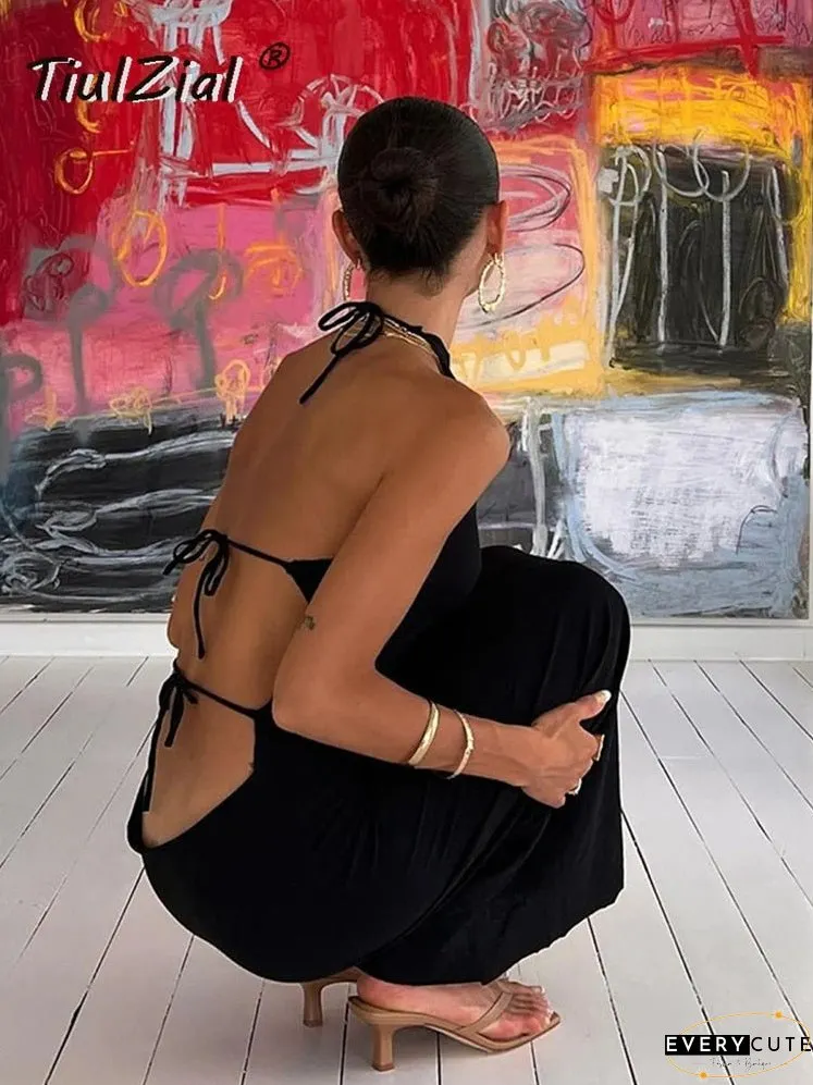 Black Halter Backless Midi Dress Summer Tie Up Beach Holiday Sexy Dress Club Party