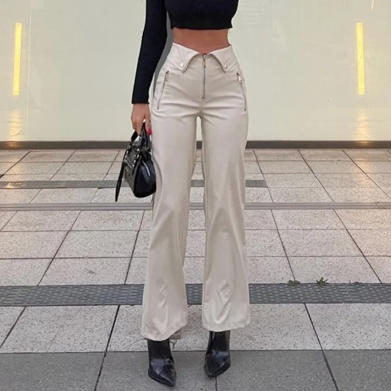 Uveng Uveng 2023 Ins Popular Women's High Waist Straight Loose Wide Leg Casual Pants Leather Pants
