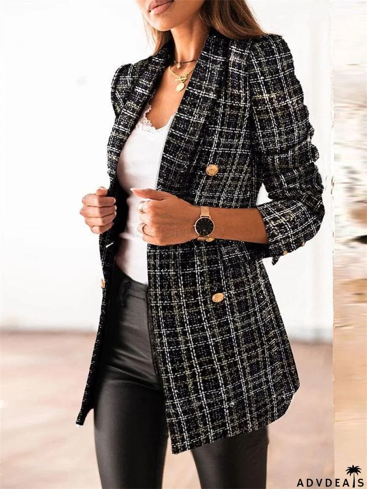 Womens Decent Plaid Double-Breasted Suit Collar Coat