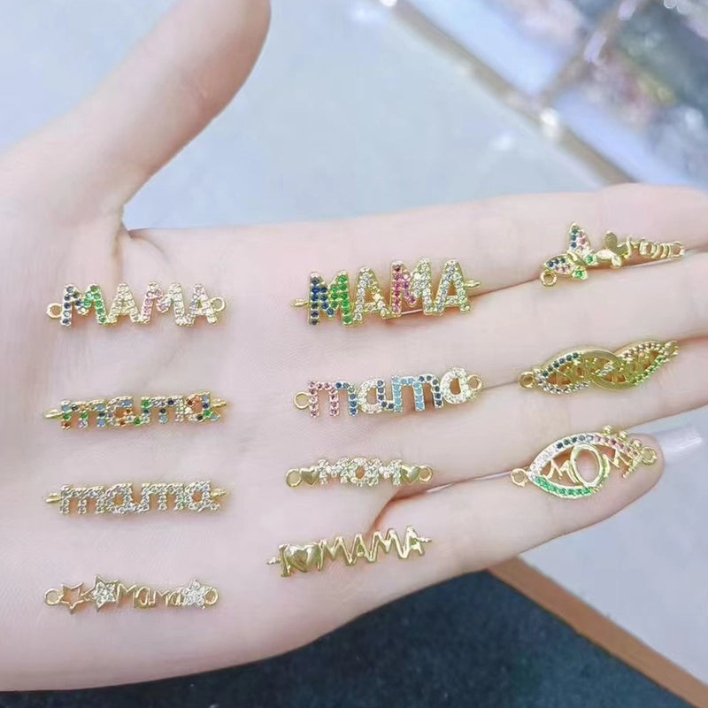 1 Pc/Package Copper Zircon 18K Gold Plated MAMA MOM Letter Polished Connectors Jewelry Accessories