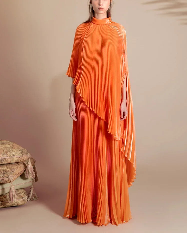 Full Pleated Flared Orange Dress