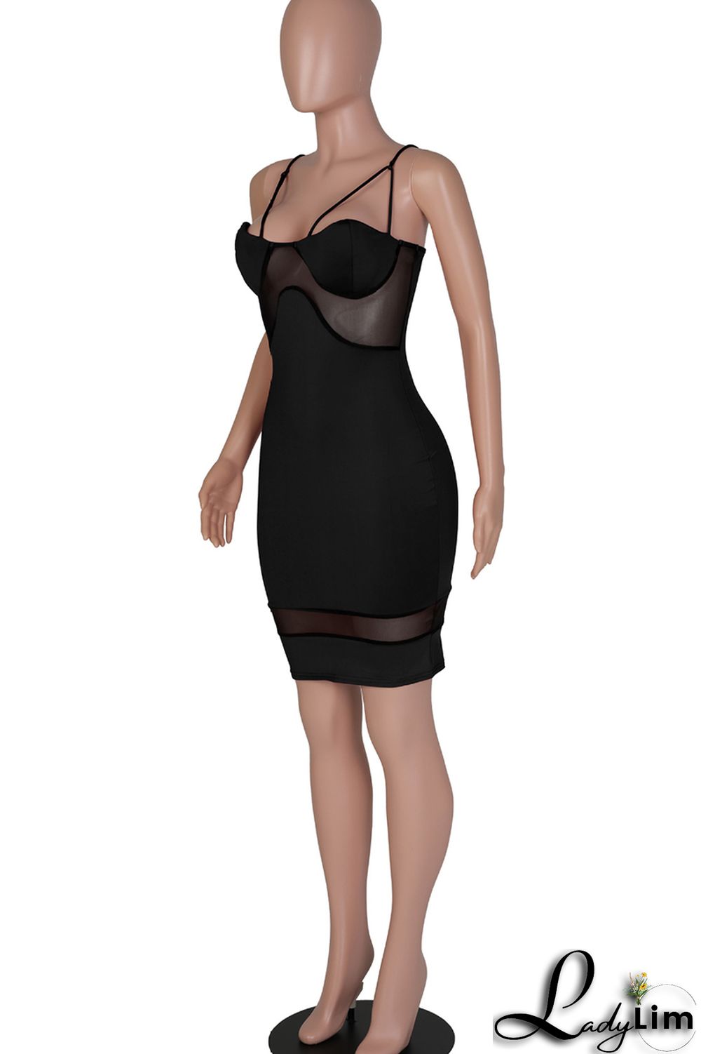 Black Fashion Sexy Solid Split Joint Backless Spaghetti Strap Sleeveless Dress