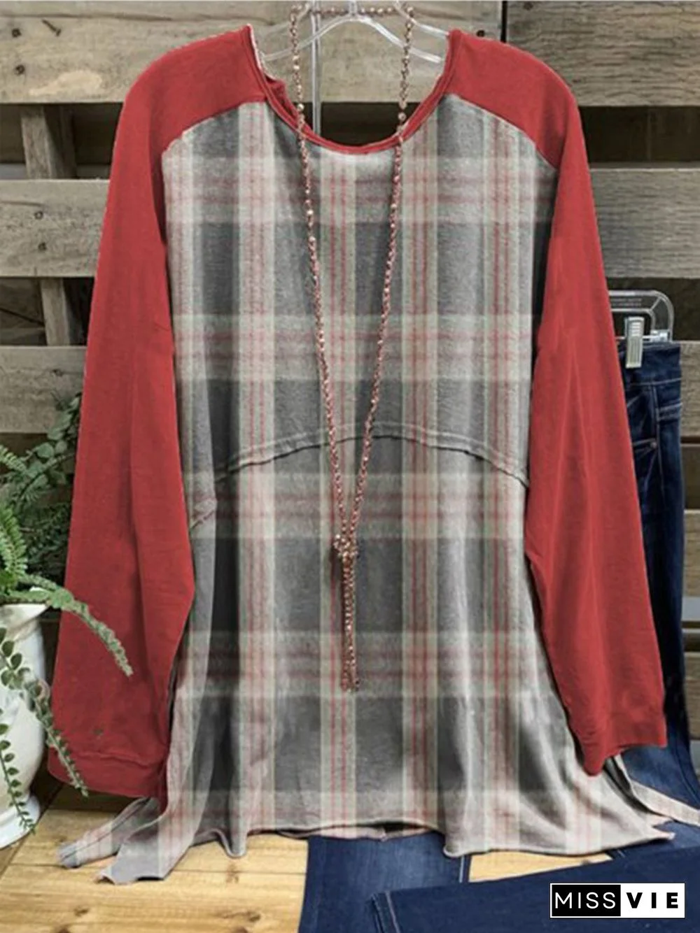 Red Round Neck Checkered/plaid Casual T-shirt
