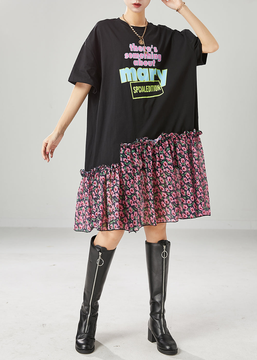 VCSHOES Black Ruffled Patchwork Letter Print Cotton Robe Dresses Summer