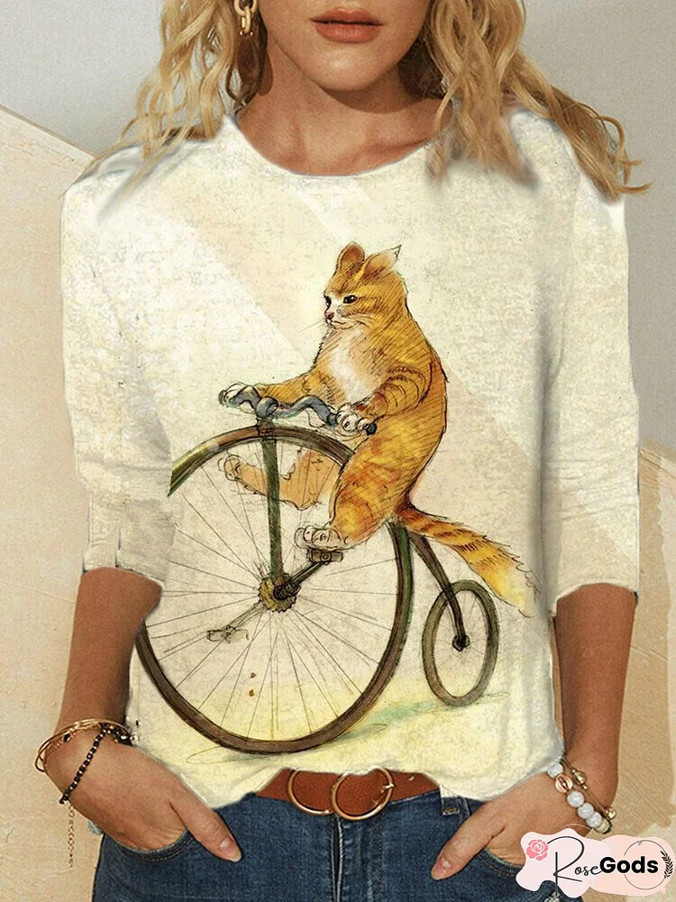 Lovely Cat Print Round-Neck Long Casual T-Shirt