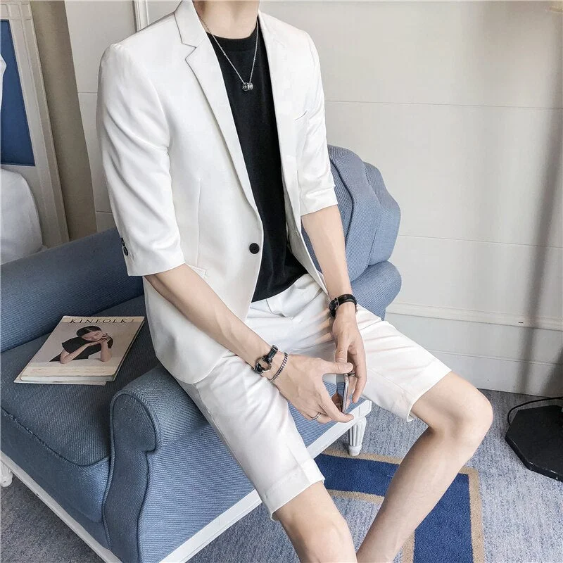 Woherb Men Suit Set Slim Fit Half Sleeve Knee Length Pants Korean Style Men's Clothing Pink White Summer Suit Jacket with Short Pant