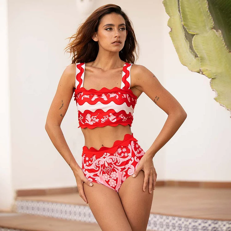 Red Wavy Stripes Printed Bikini Swimsuit and Skirt 