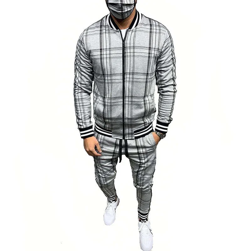 Men's Plaid Cardigan Jacket Trousers Sports Suit