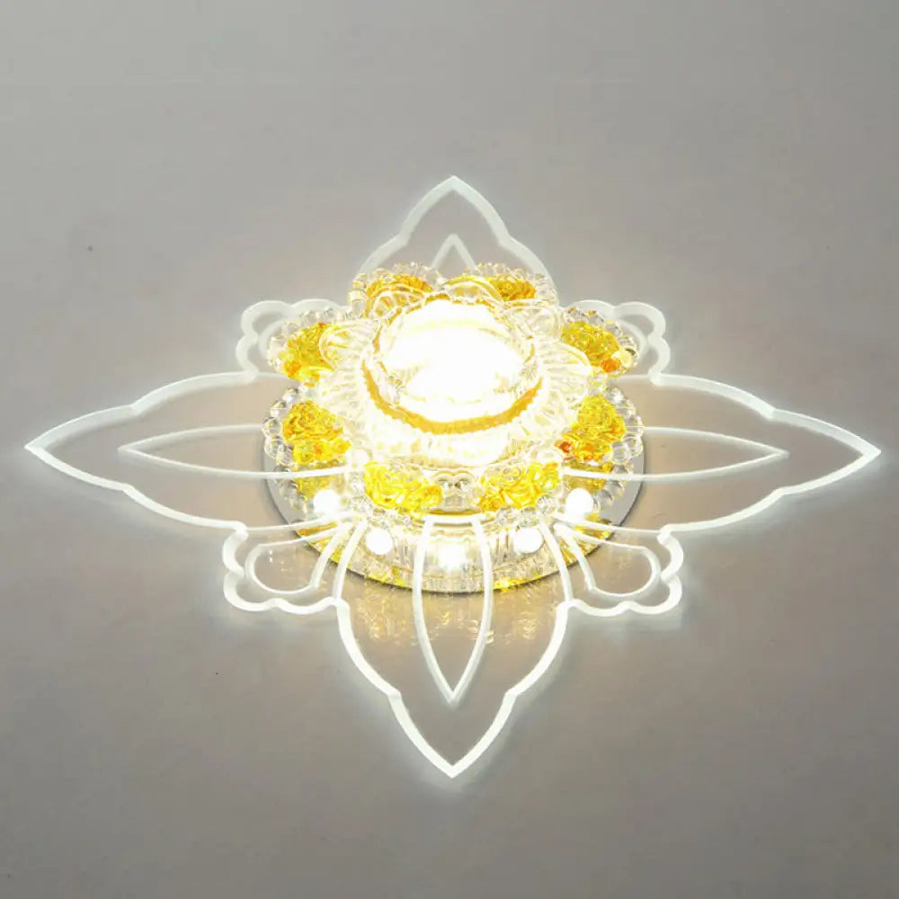 Yellow Crystal Minimalist Led Flush Mount With Floral Shape For Corridors / White