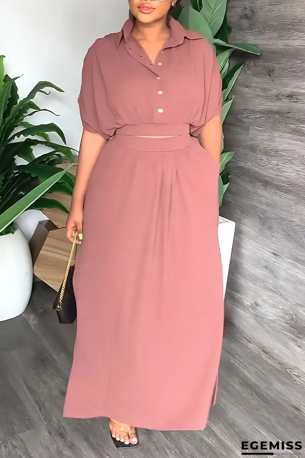 Pink Casual Solid Patchwork Buckle Turndown Collar Short Sleeve Two Pieces | EGEMISS