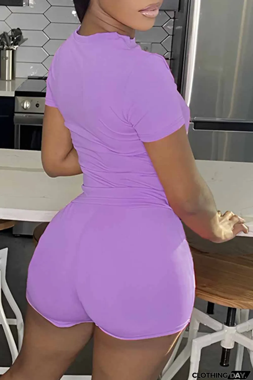 Purple Casual Print Letter O Neck Short Sleeve Two Pieces