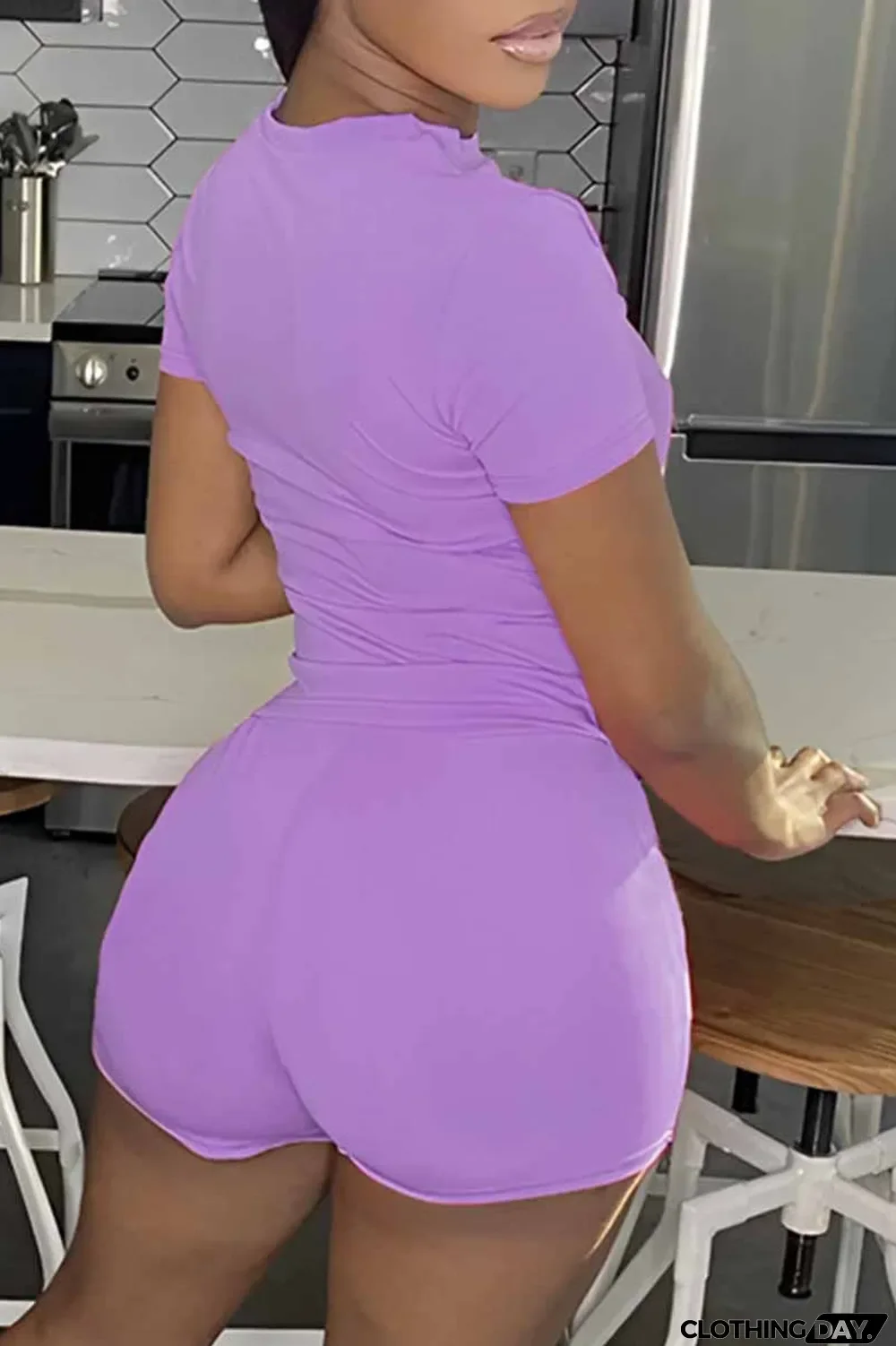 Purple Casual Print Letter O Neck Short Sleeve Two Pieces